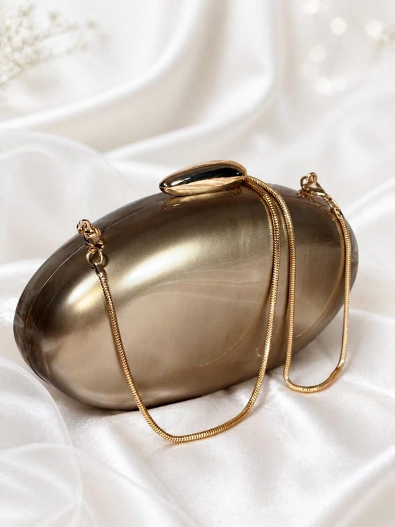 Brown Oval Clutch Purse, Handmade Bag, Dress Bag with Chain, Bronze Evening Party Purse, Gift for Her