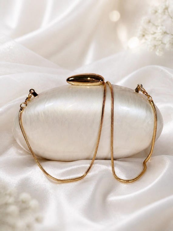 Pearl-White Oval Clutch Purse, Handmade Bag, Dress Bag with Chain, White Evening Party Purse, Gift for Her