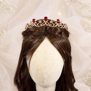 Czerwona kryształowa tiara, złota tiara ślubna dla panny młodej, rubinowa korona księżniczki, ozdoba na głowę na bal maturalny, korona ślubna