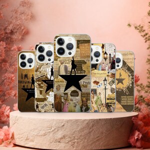 May include: A collection of five phone cases with a musical theme. Each case features a different design, including text, silhouettes, and star shapes. The cases are in shades of gold, brown, and black, with a variety of fonts and images.