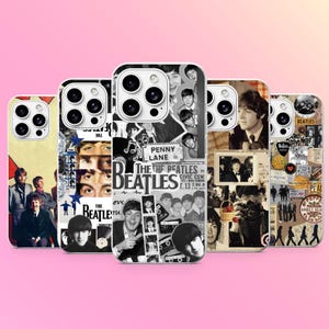 Puede incluir: Cinco fundas para smartphone con collages de fotos en blanco y negro de The Beatles. Cada funda muestra varios retratos de la banda, imágenes de álbumes y texto que incluye Penny Lane y The Beatles. Los diseños incorporan múltiples recortes.