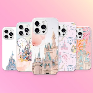 May include: Five smartphone cases featuring various designs of a castle, cartoon characters, and fireworks. The cases display illustrations of a castle, Mickey Mouse and friends, pink balloons, and the text some imagination huh? in a repeating pattern.