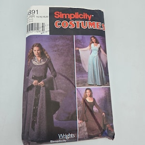 May include: Simplicity Costumes sewing pattern featuring medieval-style gowns. The pattern includes images of the finished garments in various colors and designs. The packaging is primarily purple and white, with the Simplicity Costumes logo prominently displayed.