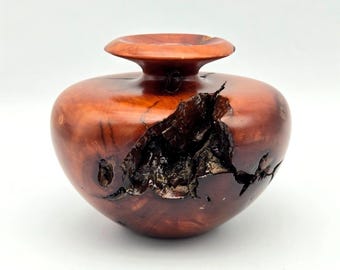 Vintage MCM Turned Burl Wood Art Bud Vase Glass Insert Madrone Sticker 3.5"