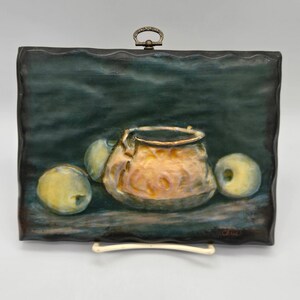 Vintage Dark Moody Still Life Wall Art Plaque Copper Pot and Apples in Relief