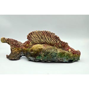 Raku Pottery Fish Sculpture Iridescent Open Mouth One of a Kind Brutalist MCM