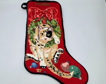 Calico Cat Needlepoint Christmas Stocking Black Velvet Personalized PATCHES 16"