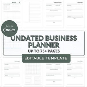 May include: An undated business planner template with up to 75+ pages. The planner includes sections for financial goals, competitor analysis, and monthly planning. The design is primarily white with gray and green accents, and the text "Edit in Canva" is visible.