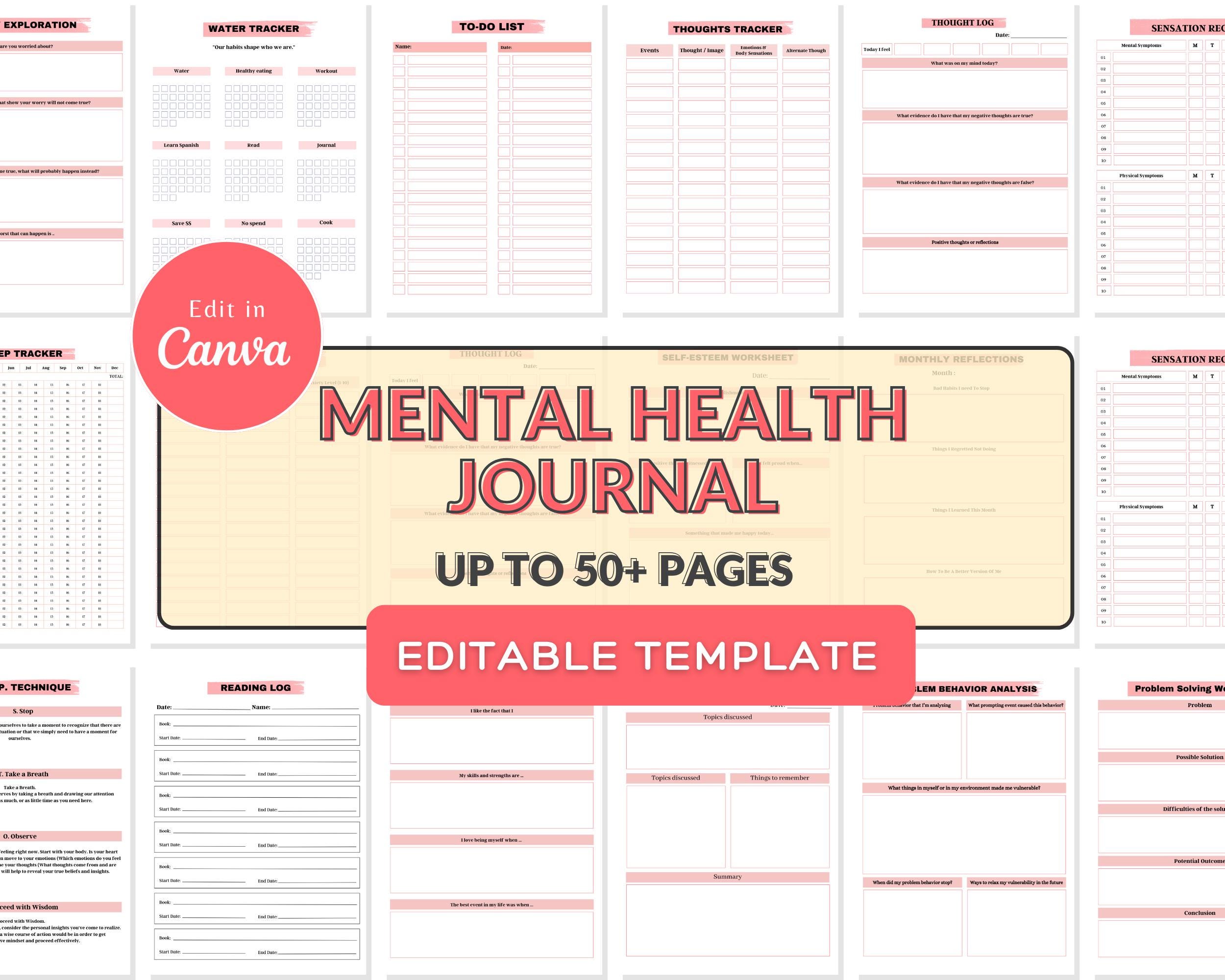 Mental Health Journal Canva Template | Anxiety Tracker Printable | Mood ...