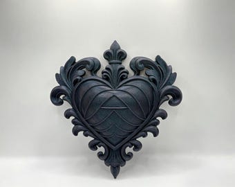 Gothic Sacred Heart Wall Plaque – Baroque Wall Decor – Dark Aesthetic Home Decor – Victorian Gothic Ornament – Valentines Gift Galaxy Black