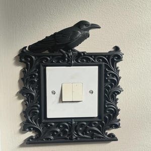 May include: A black decorative light switch cover with a sculpted raven perched on an ornate, rectangular frame. The frame surrounds a white switch plate with two light switches. The design has a gothic or Victorian aesthetic.