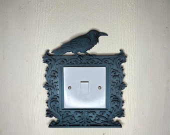 Gothic Raven Light Switch Cover, Victorian Frame, Dark Academia Wall Decor 8.5 Cm Square Fits Standard Single Light Switch Galaxy Black Ed.