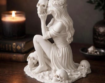 Gothic Woman Holding Skull Statue – Memento Mori Sculpture, Dark Academia Decor