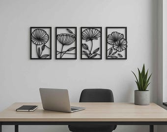 Contemporary Flower Wall Decor 4 Frame Black Minimalist Modern Wall Art