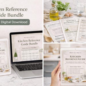 May include: A digital kitchen reference guide bundle displayed on a laptop, tablet, and printed pages. The text "Kitchen Reference Guide Bundle" and "Instant Digital Download" are visible. The image includes kitchen-related items like oil, eggs, and herbs.