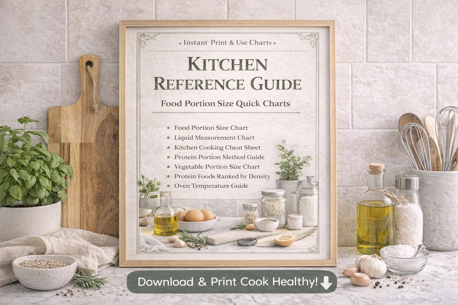 Kitchen Reference Guide Printable Bundle | Cooking Conversion Charts | Food Portion Size Chart ...