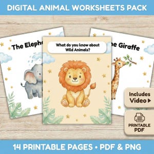 Può includere: Un pacchetto di schede di lavoro digitali sugli animali con illustrazioni di un elefante, un leone e una giraffa. Le schede di lavoro includono il testo "Cosa sai sugli animali selvatici?" e "Include video" e "PDF stampabile". Il pacchetto include 14 pagine stampabili in formato PDF e PNG.