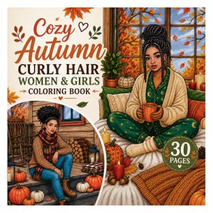 以下が含まれることがあります： 30ページの「Cozy Autumn Curly Hair Women & Girls」というタイトルの塗り絵。表紙には、ベッドでマグカップを持つ人物やポーチに座る人物など、秋の風景の中でカーリーヘアの人物が描かれたイラストが掲載されています。