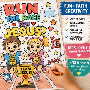 May include: A coloring page featuring the text RUN THE RACE FOR JESUS with two children running toward a trophy labeled TEAM JESUS. The illustration includes stars, hearts, and finish line banners. A hand holds an orange crayon to color the page.