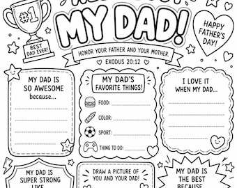 Tutto su mio papà - Foglio da colorare stampabile per la festa del papà per bambini - Scheda di lavoro cristiana - Attività per la scuola domenicale in PDF