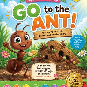 以下が含まれることがあります： Proverbs 31ish Bible Adventure Kit「Go to the Ant!」。漫画の蟻、蟻塚、勤勉さに関するテキストが描かれています。聖書の一節、対象年齢4〜10歳、レッスン、ゲーム、工作のアイコンが含まれています。