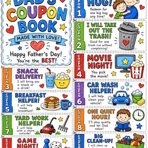 May include: A printable Dad's Coupon Book sheet featuring ten colorful coupons for Father's Day. Each section includes illustrations and text for tasks like a free hug, trash removal, movie night, snack delivery, breakfast, yard work, and game night.
