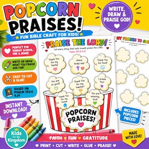 Popcorn Praise Craft Printable | Gratitude Activity for Kids Bible Lesson | Thankful Craft Basket & Popcorn Pieces | Sunday School Worksheet