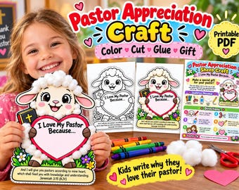 May include: A printable Pastor Appreciation craft kit featuring a sheep illustration holding a heart with the text I Love My Pastor Because. The set includes coloring pages, instructions, cotton balls, crayons, and scissors for a DIY project.