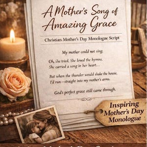 Może przedstawiać: Stos papierów z tytułem "A Mother's Song of Amazing Grace" i podtytułem "Christian Mother's Day Monologue Script". Widoczna jest również zapalona świeca, róża i zdjęcie matki z dzieckiem. Tekst "Inspiring Mother's Day Monologue" znajduje się na etykiecie.