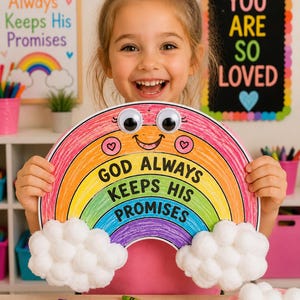 Puede incluir: Una manualidad de papel con forma de arcoíris que incluye el texto 'GOD ALWAYS KEEPS HIS PROMISES' en letras negras. El arcoíris tiene franjas coloridas, dos ojos móviles grandes, una boca sonriente y bolas de algodón blancas.