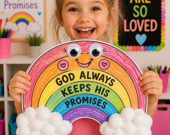 May include: A rainbow-shaped paper craft featuring the text 'GOD ALWAYS KEEPS HIS PROMISES' in black lettering. The rainbow has colourful stripes, two large googly eyes, a smiling mouth, and white cotton balls attached to both ends.