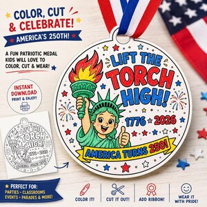Lift the Torch High Statue of Liberty Coloring Page + Make Your Own Freedom Medal Craft | 4th of July Kids Bundle | Patriotic USA Worksheet