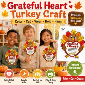 Puede incluir: Un kit de manualidades de pavo de Acción de Gracias imprimible con una colorida ilustración de pavo y el texto Grateful Heart, Lord, help me praise You with a thankful heart, and always remember How good You are! 1 Thess. 5:18, con iconos para colorear, cortar, usar, sostener y colgar.