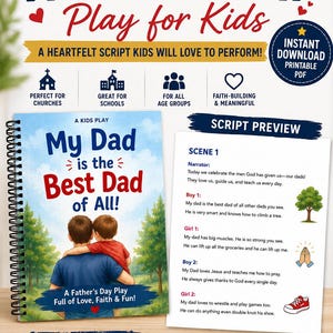 Op de afbeelding: Een kinderscript voor Vaderdag, getiteld "Mijn papa is de beste papa van allemaal!" De omslag toont een vader en kind. Het script is ontworpen voor kerken, scholen en kinderprogramma's. Inclusief een scriptvoorbeeld.