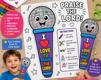 Könnte beinhalten: Ein druckbares Bastelblatt mit einer Mikrofonfigur mit Wackelaugen und dem Text I LOVE TO PRAISE THE LORD. Das Blatt enthält Anleitungen zum Ausmalen, Ausschneiden und Zusammenbauen des Mikrofons mit einem Eisstiel als Griff.