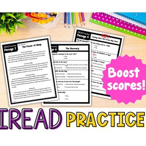 May include: Three IREAD Practice worksheets with text, including "The Power of Sleep" and "The Discovery." A pink starburst graphic reads "Boost scores!" The IREAD PRACTICE logo is at the bottom. Colored pencils and notebooks are in the background.