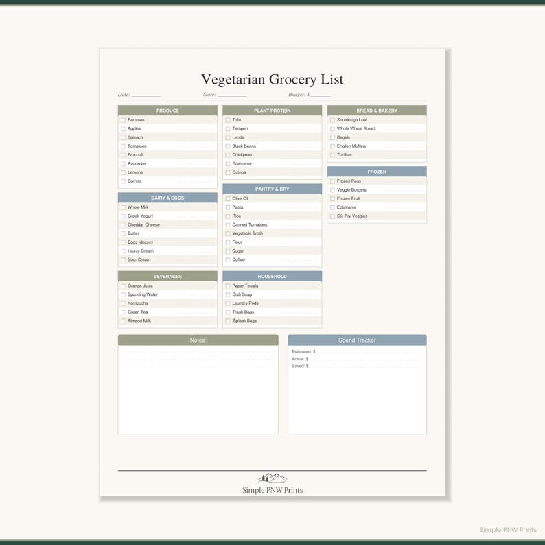 Vegetarian Grocery List Printable | Weekly Plant-based Shopping Planner ...