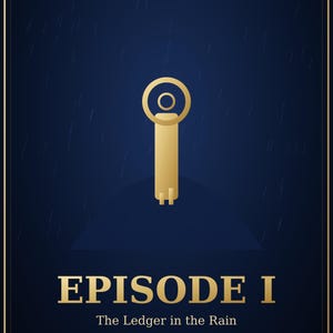 May include: A dark blue poster with gold text and accents. The poster features a gold key illustration and the text "EPISODE I" and "The Ledger in the Rain" with the words "A DARK FANTASY SERIAL" at the bottom.