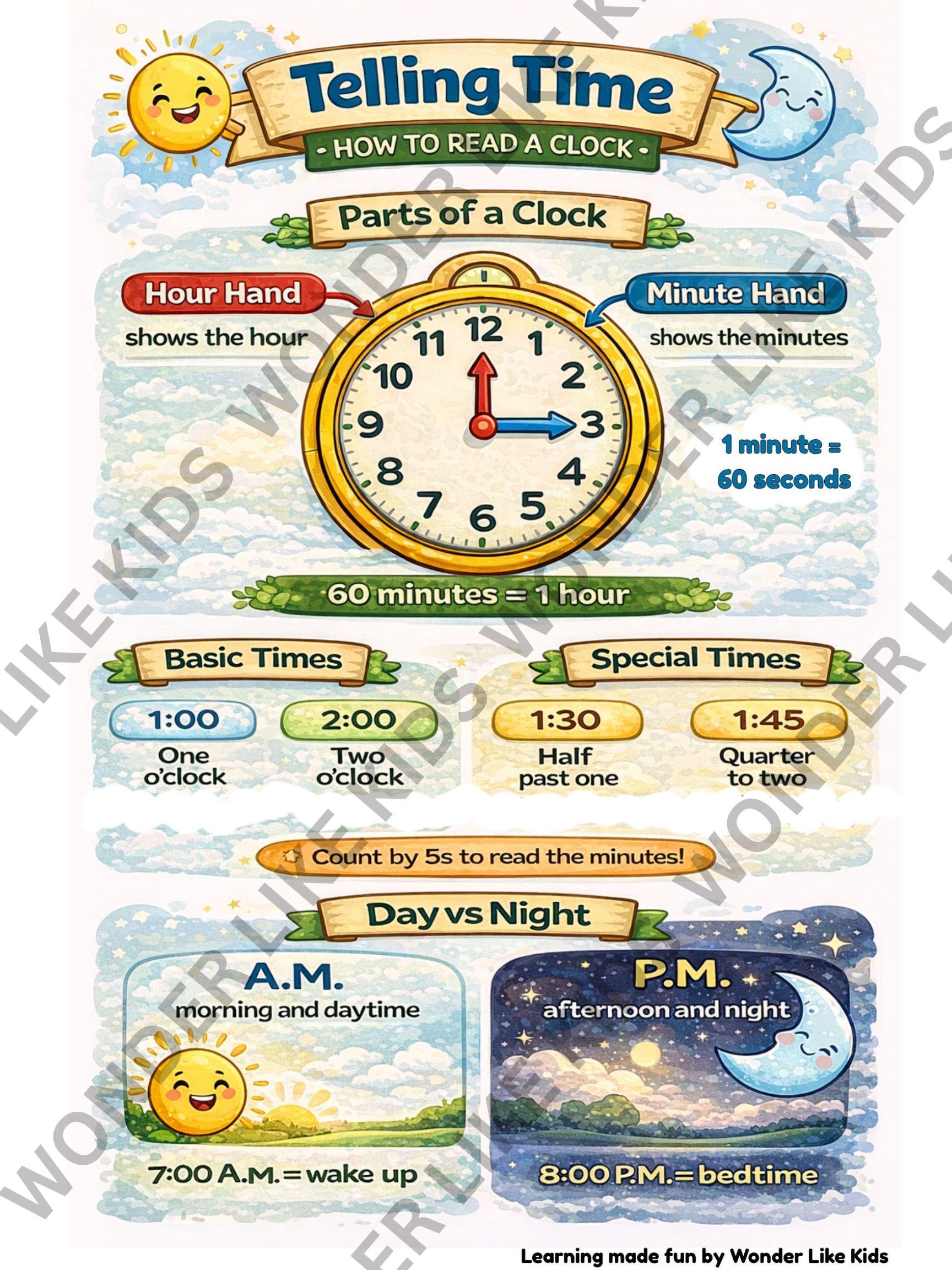 Learning the Time Poster for Kids, Preschool Learning Chart, Homeschool ...