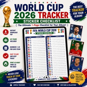 以下が含まれることがあります： 金色のトロフィーと選手の肖像画が描かれた、ワールドカップ2026ステッカーチェックリスト。チェックリストには48チームと各チームの1～20の番号が含まれています。テキストは「World Cup 2026 Tracker Sticker Checklist」と書かれています。
