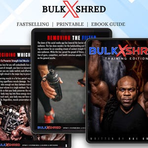 May include: Image features three digital tablets displaying content related to fitness and bodybuilding. The tablets showcase the "BULK X SHRED" brand, with text including "FASTSELLING | PRINTABLE | EBOOK GUIDE" and "TRAINING EDITION". One tablet shows a person holding a water bottle.