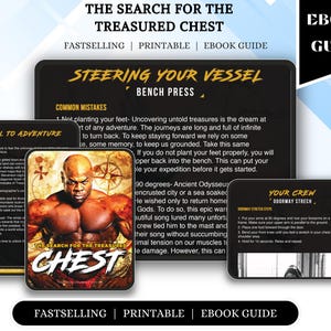 Könnte beinhalten: Ein E-Book-Guide mit dem Titel "The Search for the Treasured Chest" mit dem Text "Fastselling | Printable | Ebook Guide". Der Guide enthält Informationen zu Bankdrücken und Türrahmen-Dehnübungen, mit einem muskulösen Mann auf dem Cover.