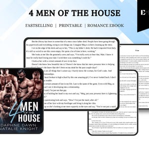 May include: An ebook cover and sample pages for "4 Men of the House." The cover shows four shirtless men and a woman. The title and author names are displayed. The sample pages show text from the romance ebook.