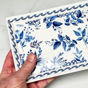 Grace Fine Porcelain Blue Flower Rectangular Serving Platter 14” x 6.5"