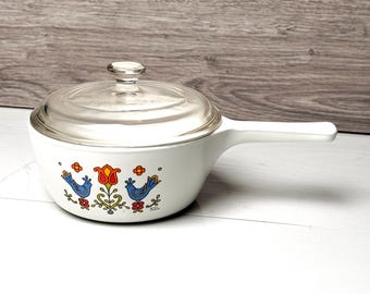 Vintage 1970's Corning Ware Country Festival  1 1/2 Pint Sauce Pan w/ Lid P-81-C
