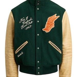 Jaqueta Varsity Polo Ralph Lauren New England Run Club 1967 Verde Lã Mangas de Couro Masculina
