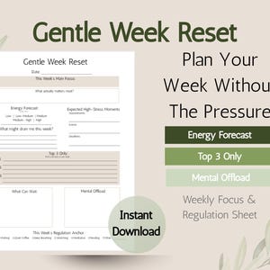 Gentle Week Reset Printable | ADHD Weekly Planning Sheet | Mental Load & Energy Forecast Planner PDF