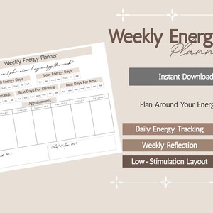 Peut inclure: Un planificateur d'énergie hebdomadaire beige avec le titre "Weekly Energy Planner" et le texte "Instant Download". Le planificateur comprend des sections pour les jours à haute et basse énergie, les rendez-vous et le suivi quotidien de l'énergie.