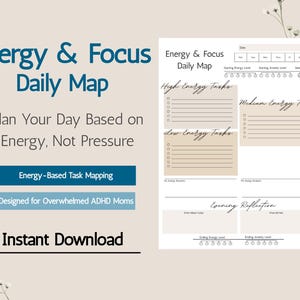 Könnte beinhalten: Eine druckbare Energie- und Fokus-Tageskarte mit beigem Hintergrund. Die Karte enthält Abschnitte für Aufgaben mit hoher, mittlerer und niedriger Energie sowie einen Bereich für die Abendreflexion. Der Text auf der Karte lautet: „Planen Sie Ihren Tag basierend auf Energie, nicht auf Druck“ und „Sofort-Download“.
