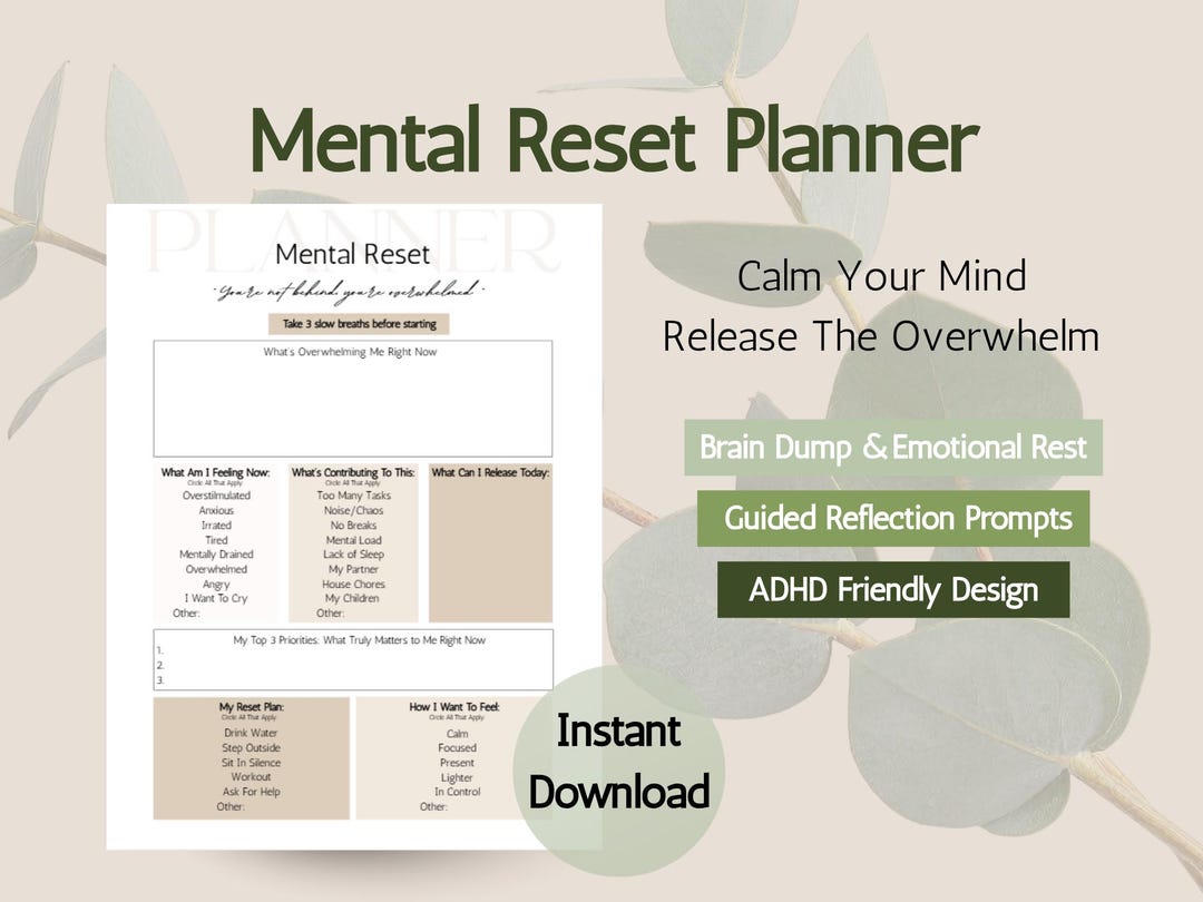 Mental Reset Printable | ADHD Overwhelmed Mom Planner | Low Stimulation ...